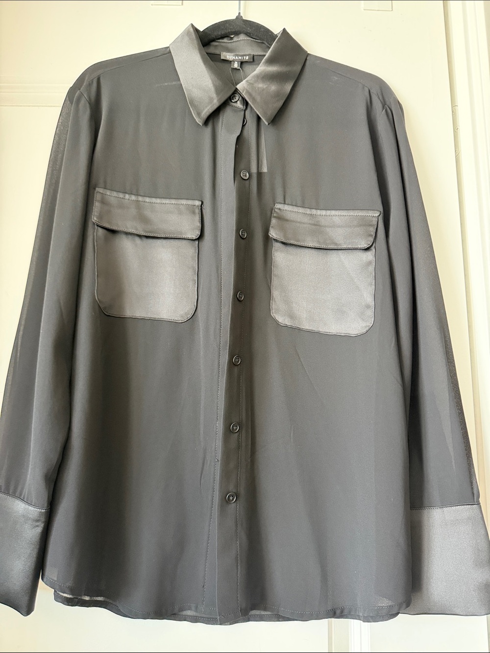 Dynamite Black Button-Down Shirt with Satin Trim